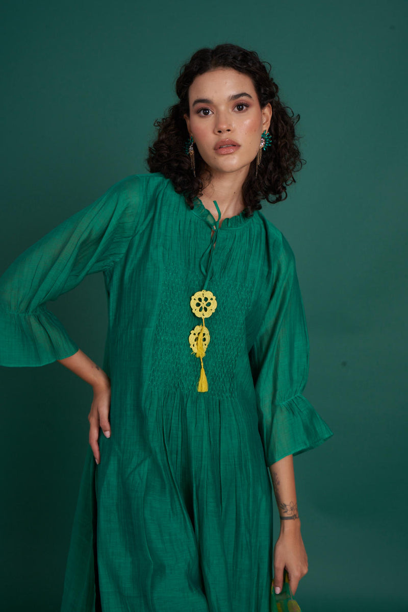 Orina mul cotton silk kurta set - Emerald silk by Priti Prashant in green color for women Worldwide