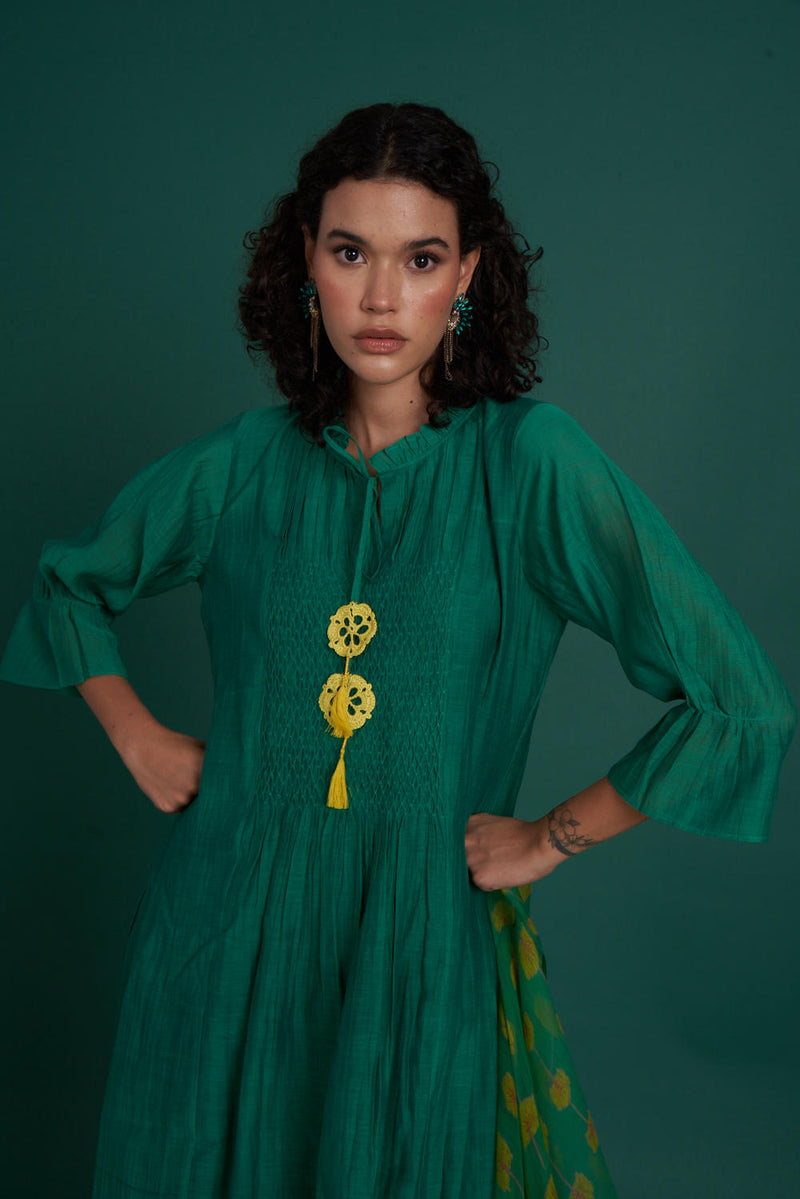 Orina mul cotton silk kurta set - Emerald silk by Priti Prashant in green color for women Worldwide