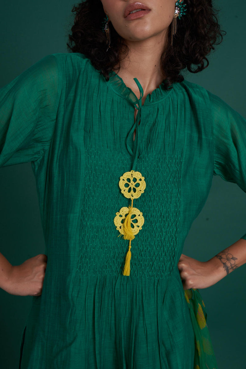 Orina mul cotton silk kurta set - Emerald silk by Priti Prashant in green color for women Worldwide