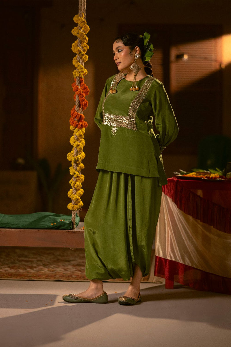 Sunira Green Toga Drape Dress with Tunic and Dhoti Skirt- Mehendi silk by PRAHNAAYA for women Worldwide