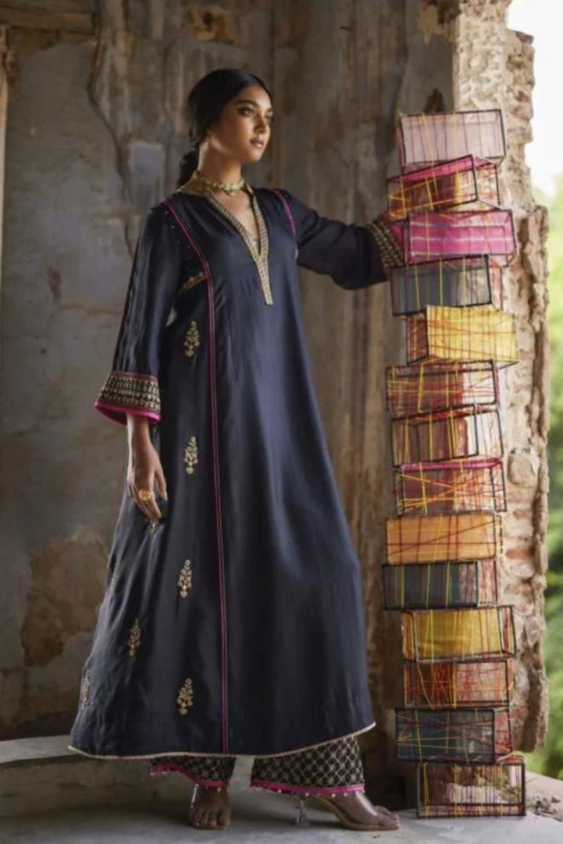 Nadira Black Silk Butti Back Yoke Kurta Set silk by Rajiramniq in black color for women Worldwide