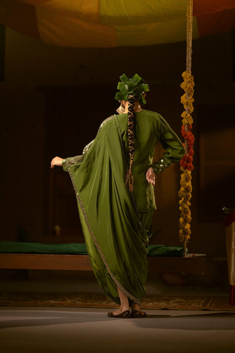Sunira Green Toga Drape Dress with Tunic and Dhoti Skirt- Mehendi silk by PRAHNAAYA for women Worldwide