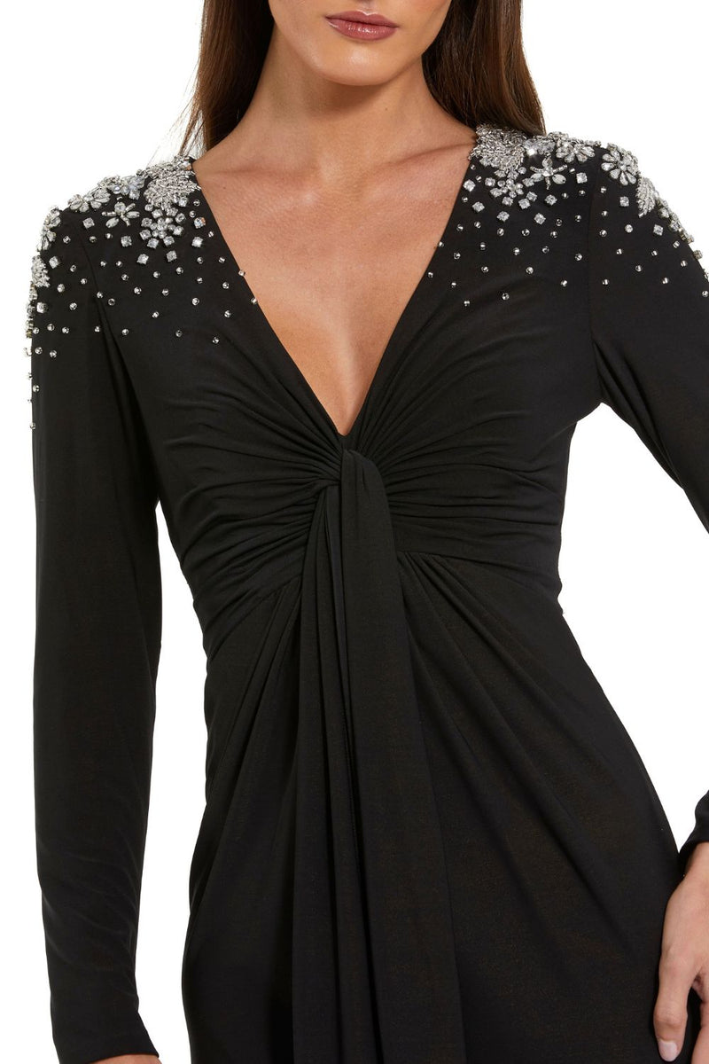 44063-Jersey V Neck Faux Knot Gown With Beaded Shoulders by Mac Duggal in black color for women Worldwide