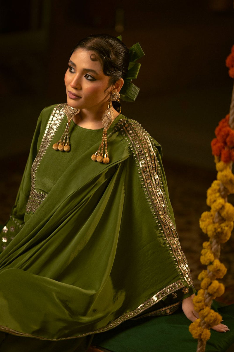 Sunira Green Toga Drape Dress with Tunic and Dhoti Skirt- Mehendi silk by PRAHNAAYA for women Worldwide
