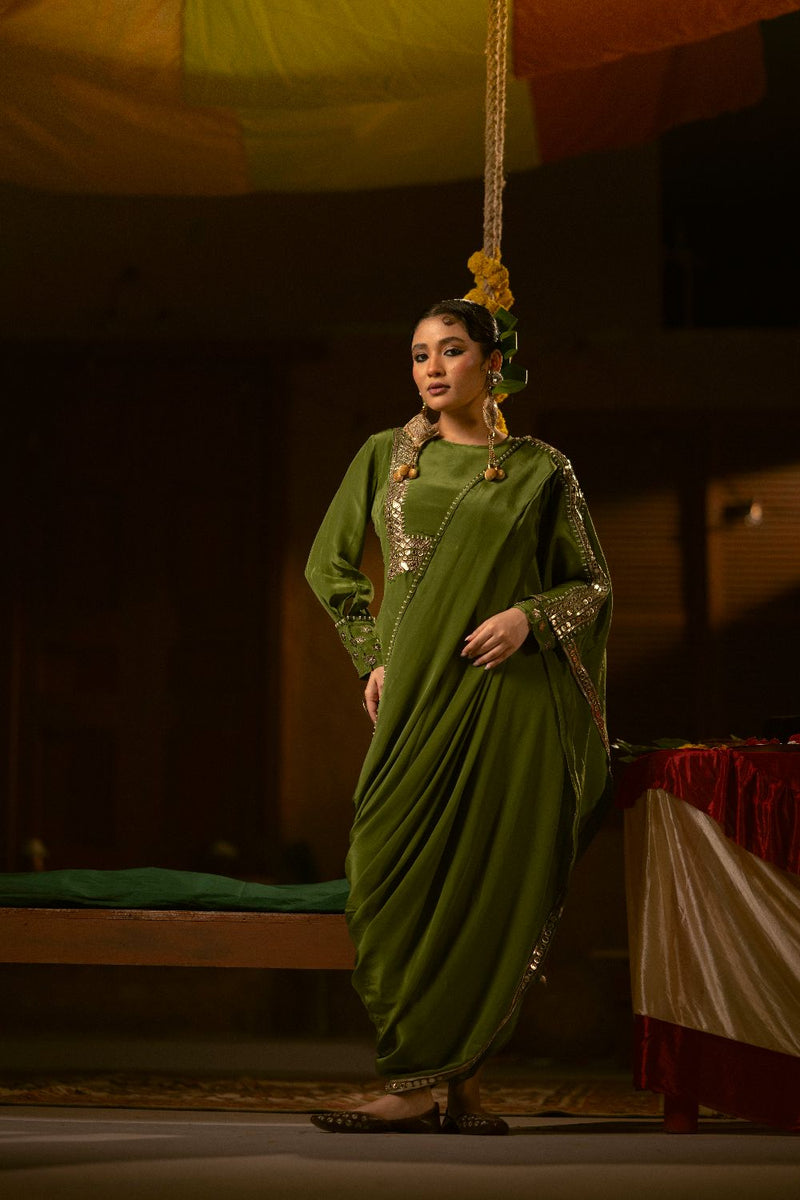 Sunira Green Toga Drape Dress with Tunic and Dhoti Skirt- Mehendi silk by PRAHNAAYA for women Worldwide