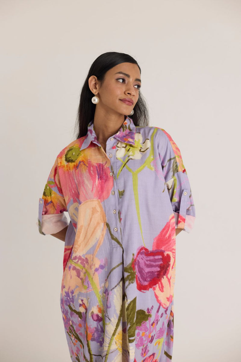 DOLLY PURPLE SHIRT DRESS satin by Yam in multi color for women Worldwide