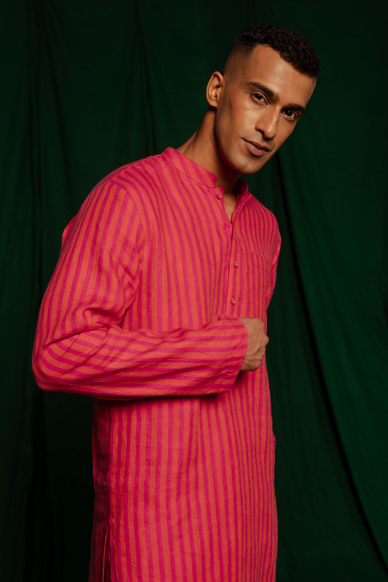 Coral Linen Kurta Set by Saphed Men for men Worldwide