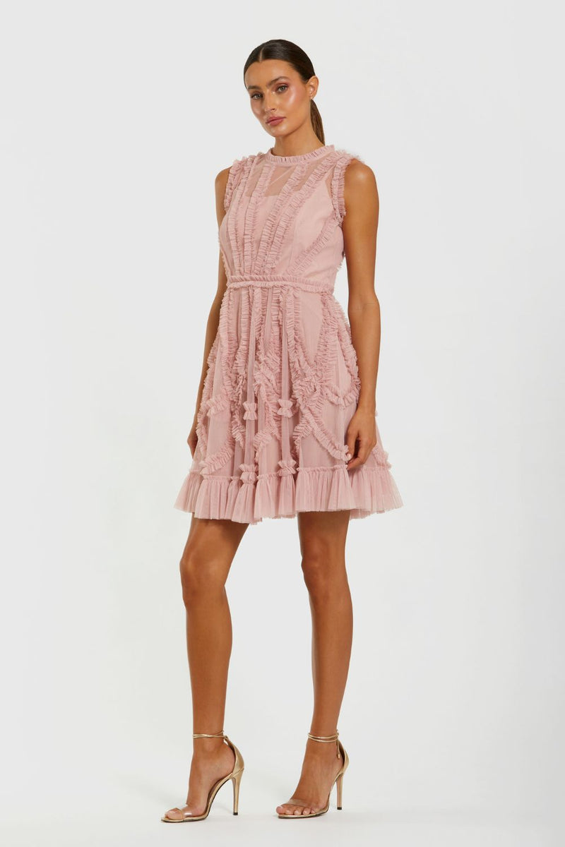8289-Mesh Micro Ruffle High Neck Mini Dress by Mac Duggal in gold color for women Worldwide