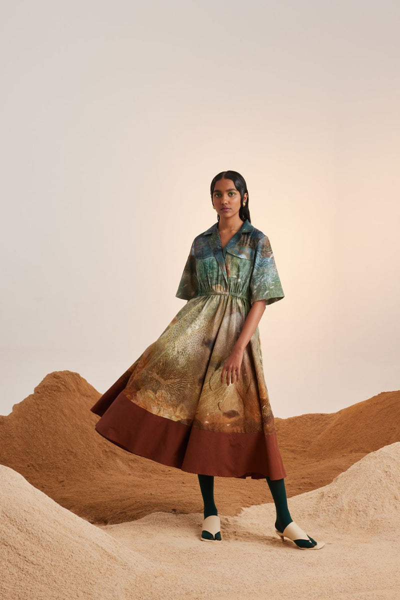 Print Blocked Dress-Underwater cotton Dress by CORD for women Worldwide