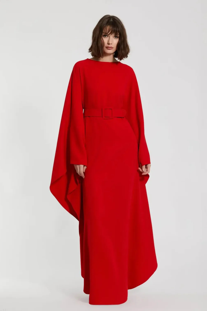 Red Crepe Boat Neck Kaftan Maxi Dress With Belt by Mac Duggal in red color for women Worldwide