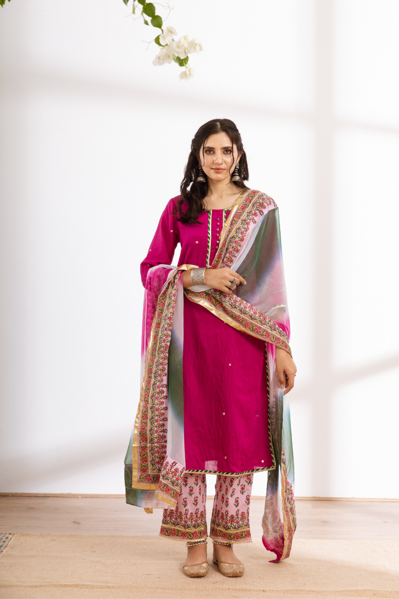 Rasika Gulabi Kurta Set - pink hand block printed chanderi kurta set chanderi by Maison Shefali in pink color for women Worldwide