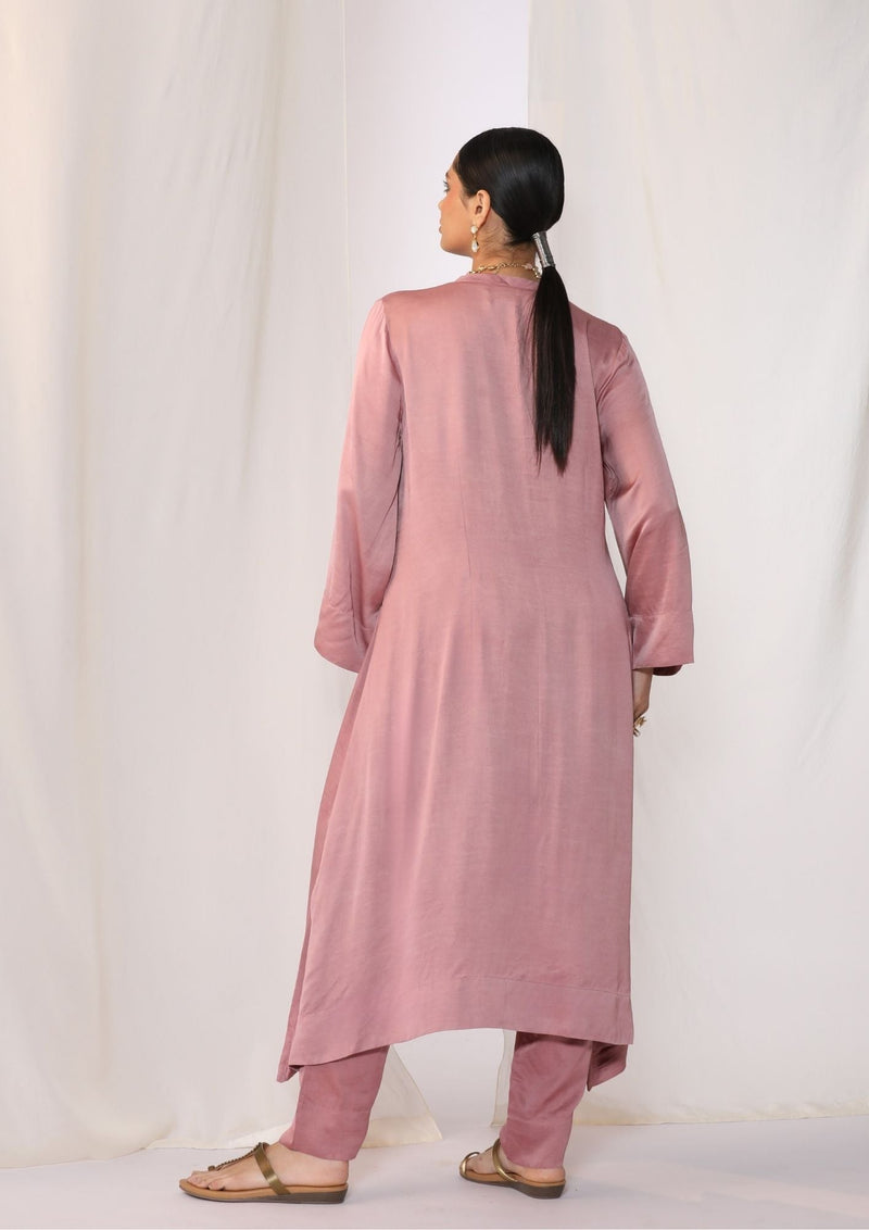 Linen satin kurta with floral handwork embroidery satin by Myoho in pink color for women Worldwide
