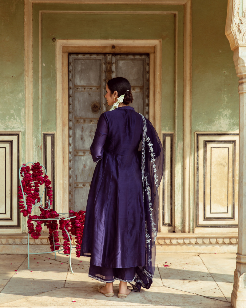 Deep Violet Vintage Zardozi Kurta Set silk by Maison Shefali for women Worldwide