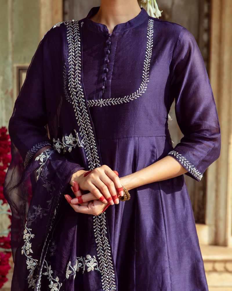 Deep Violet Vintage Zardozi Kurta Set silk by Maison Shefali for women Worldwide