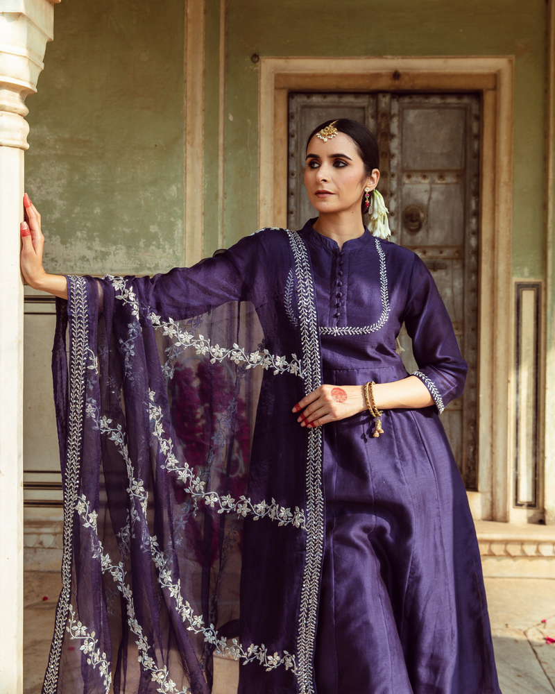 Deep Violet Vintage Zardozi Kurta Set silk by Maison Shefali for women Worldwide