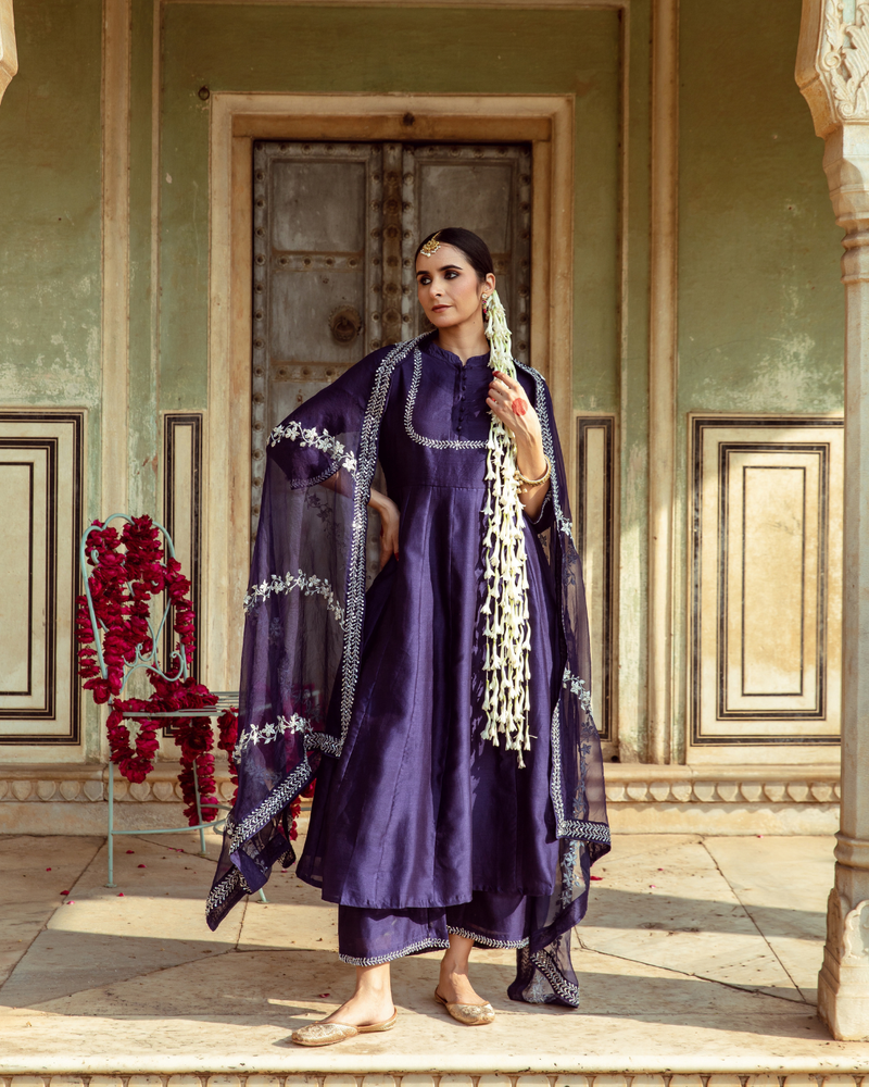Deep Violet Vintage Zardozi Kurta Set silk by Maison Shefali for women Worldwide
