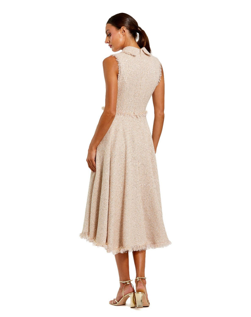 27658-Pink Boucle Sleeveless Collared Button Up Midi Dress by Mac Duggal in blush color for women Worldwide