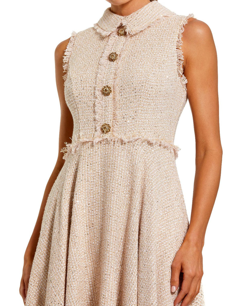 27658-Pink Boucle Sleeveless Collared Button Up Midi Dress by Mac Duggal in blush color for women Worldwide