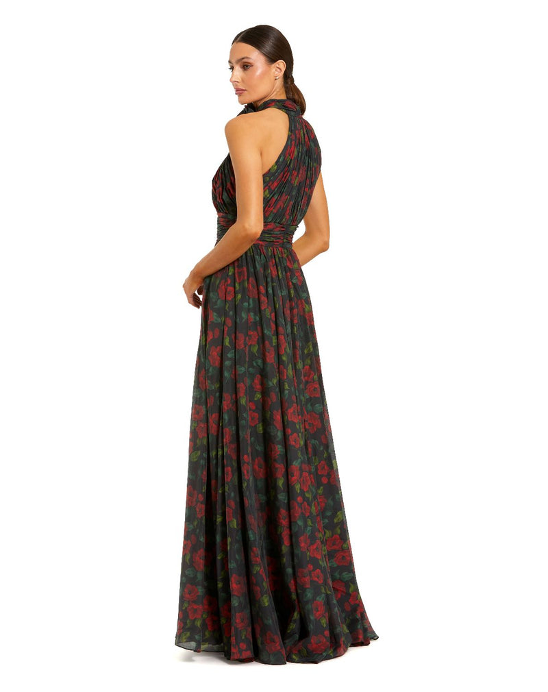 27692-Black Floral Print Halter Neck Gown with Rosette Detail chiffon by Mac Duggal in multi color for women Worldwide