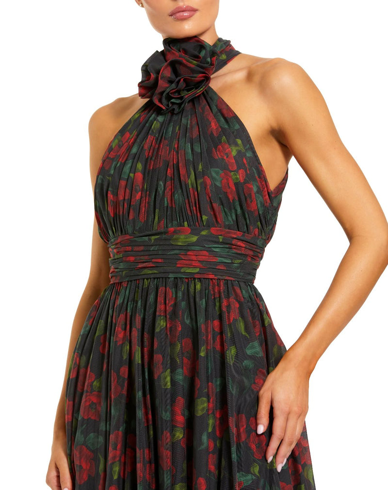 27692-Black Floral Print Halter Neck Gown with Rosette Detail chiffon by Mac Duggal in multi color for women Worldwide