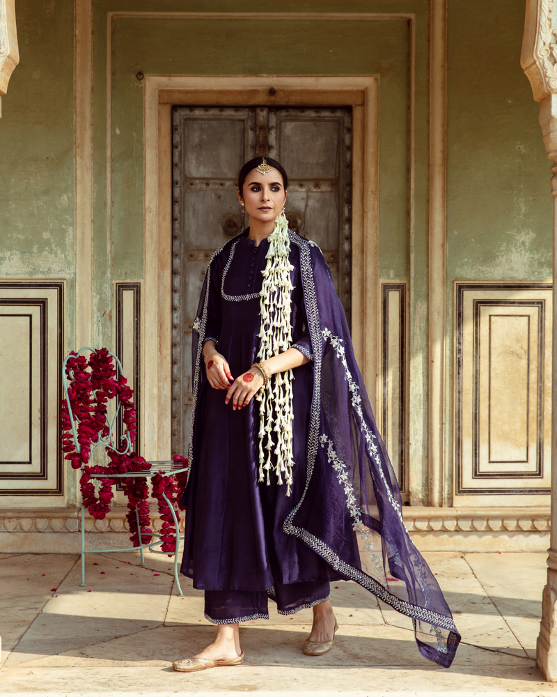 Deep Violet Vintage Zardozi Kurta Set silk by Maison Shefali for women Worldwide