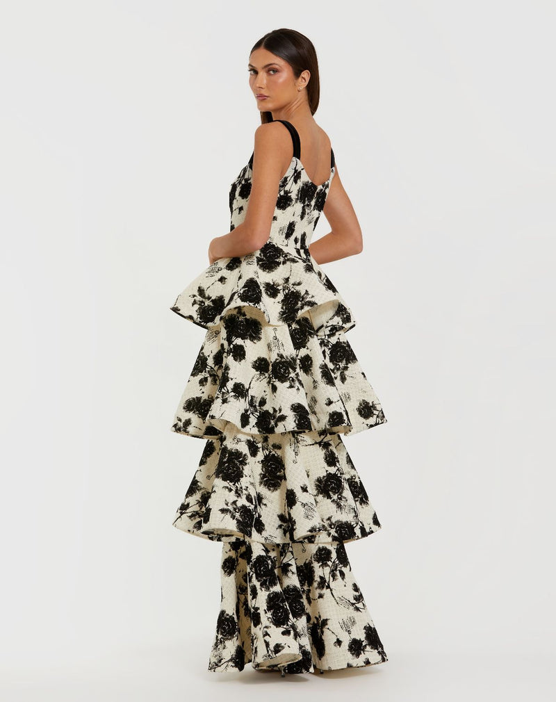 27710-Black and White Floral Boucle Tiered Ruffle Gown by Mac Duggal in black color for women Worldwide