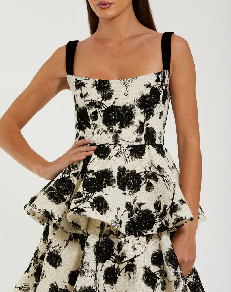 27710-Black and White Floral Boucle Tiered Ruffle Gown by Mac Duggal in black color for women Worldwide