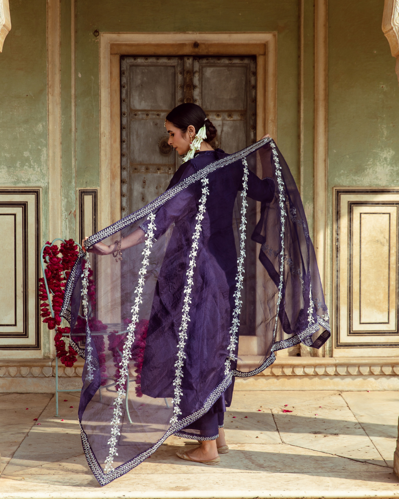Deep Violet Vintage Zardozi Kurta Set silk by Maison Shefali for women Worldwide