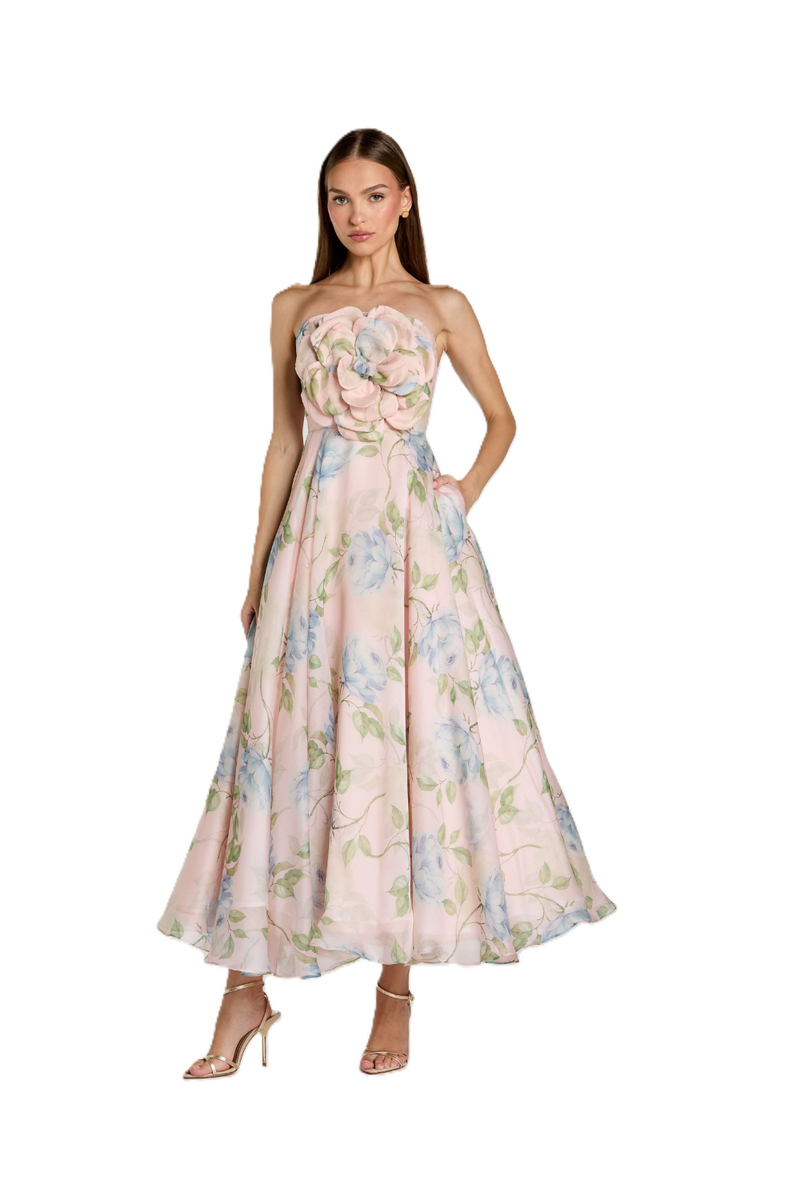 27822 - Pink Strapless Floral Organza Midi Dress With Flower polyester cocktail/party dress by Mac Duggal in pink for women Worldwide