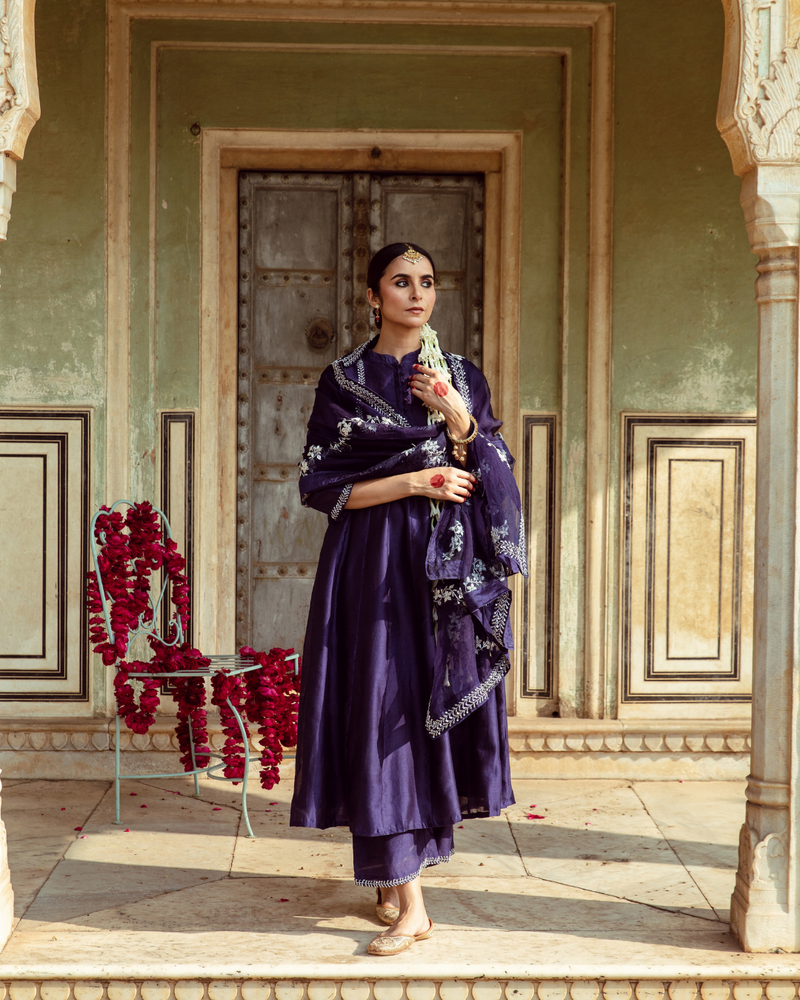 Deep Violet Vintage Zardozi Kurta Set silk by Maison Shefali for women Worldwide