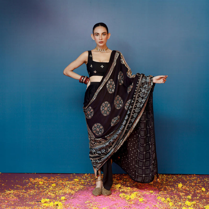Aaram Baithak Ajrakh Drape Dress satin by PRAHNAAYA in black color for women Worldwide