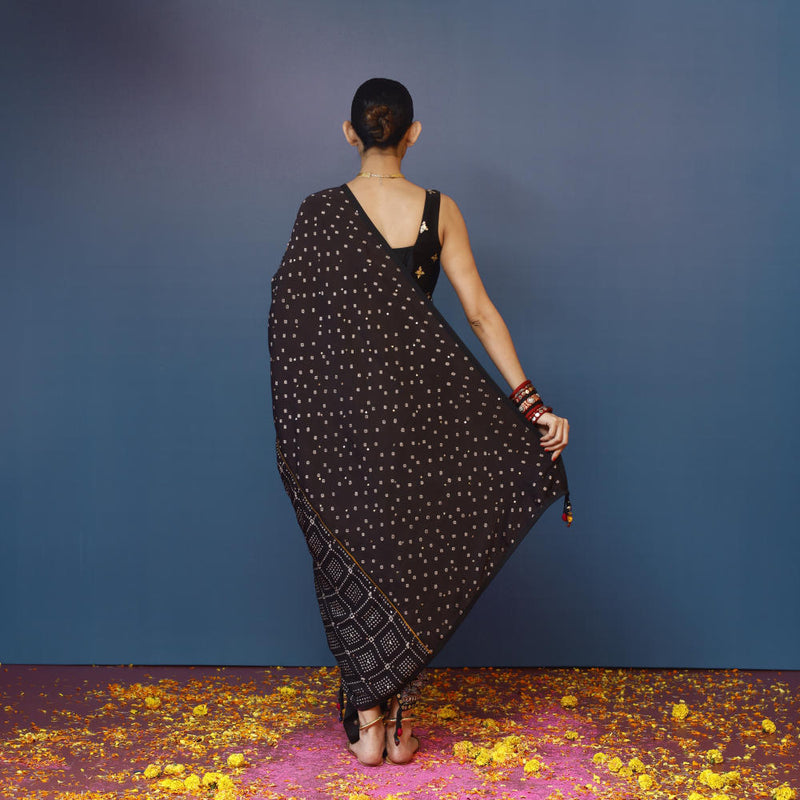 Aaram Baithak Ajrakh Drape Dress satin by PRAHNAAYA in black color for women Worldwide
