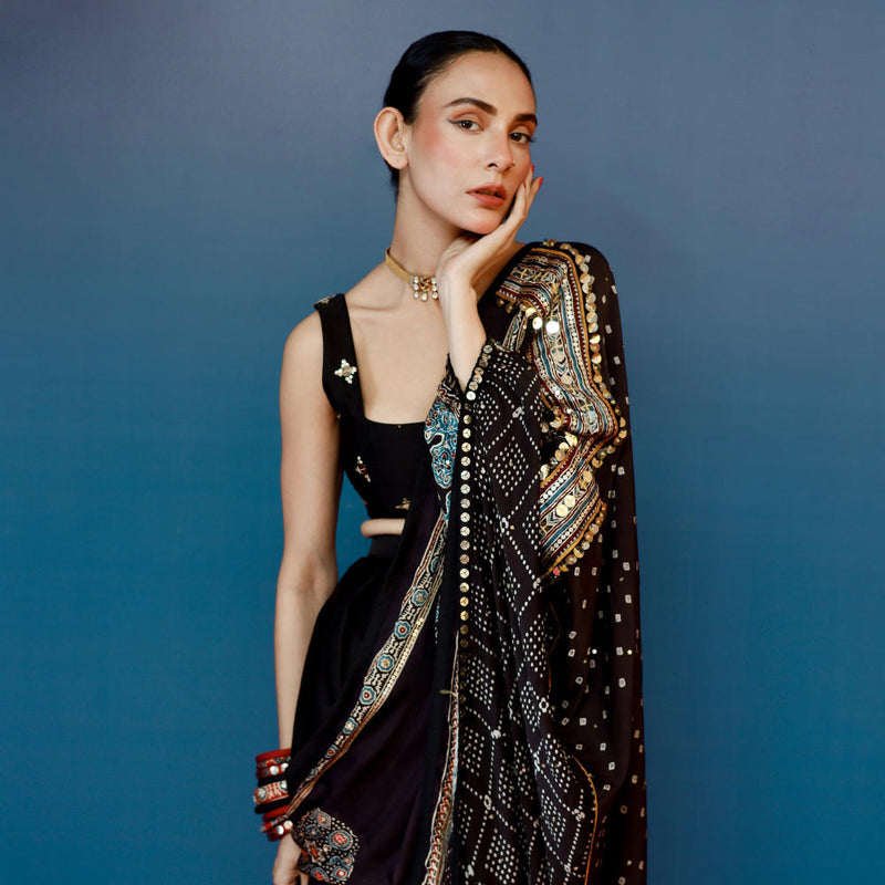 Aaram Baithak Ajrakh Drape Dress satin by PRAHNAAYA in black color for women Worldwide