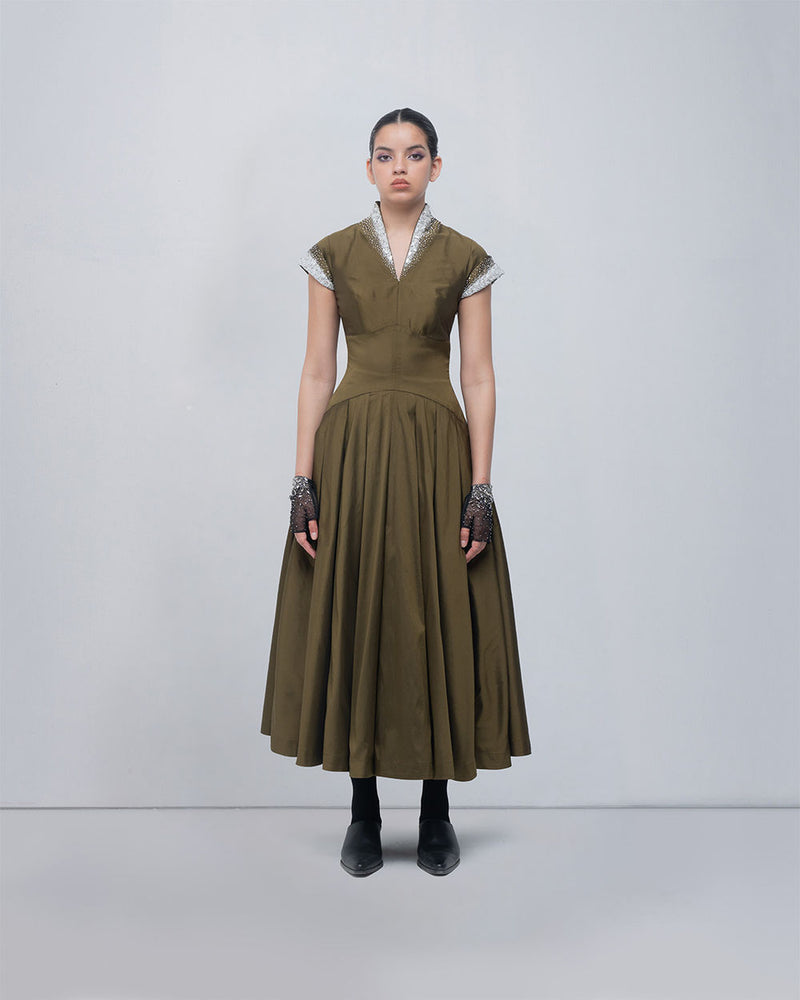 Margarite Dress-Olive viscose by Leh Studios in olive for women Worldwide
