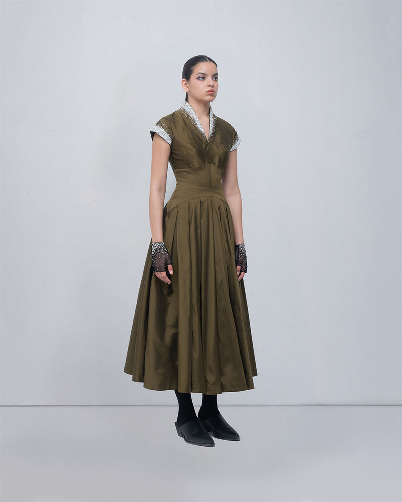 Margarite Dress-Olive viscose by Leh Studios in olive for women Worldwide