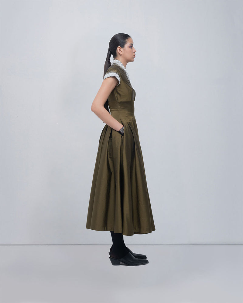Margarite Dress-Olive viscose by Leh Studios in olive for women Worldwide