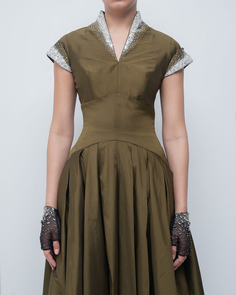Margarite Dress-Olive viscose by Leh Studios in olive for women Worldwide