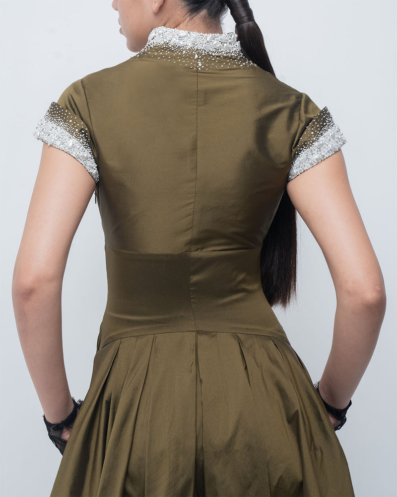 Margarite Dress-Olive viscose by Leh Studios in olive for women Worldwide