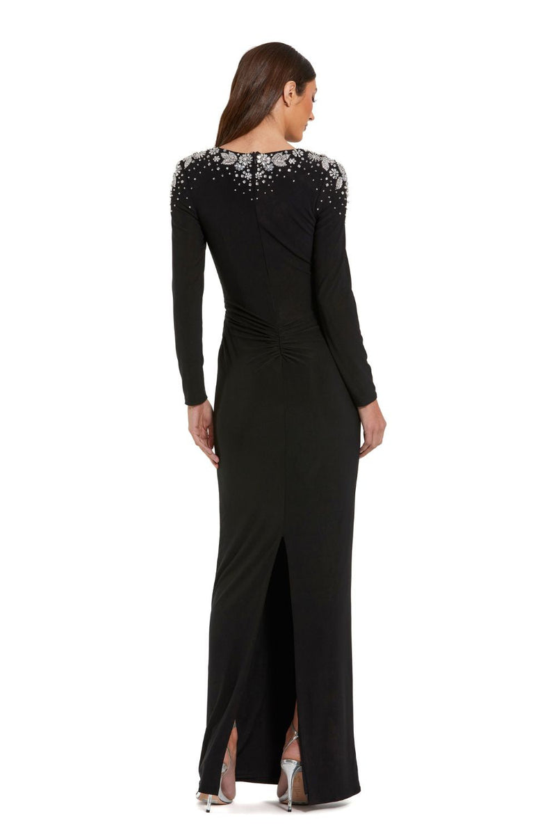 44063-Jersey V Neck Faux Knot Gown With Beaded Shoulders by Mac Duggal in black color for women Worldwide