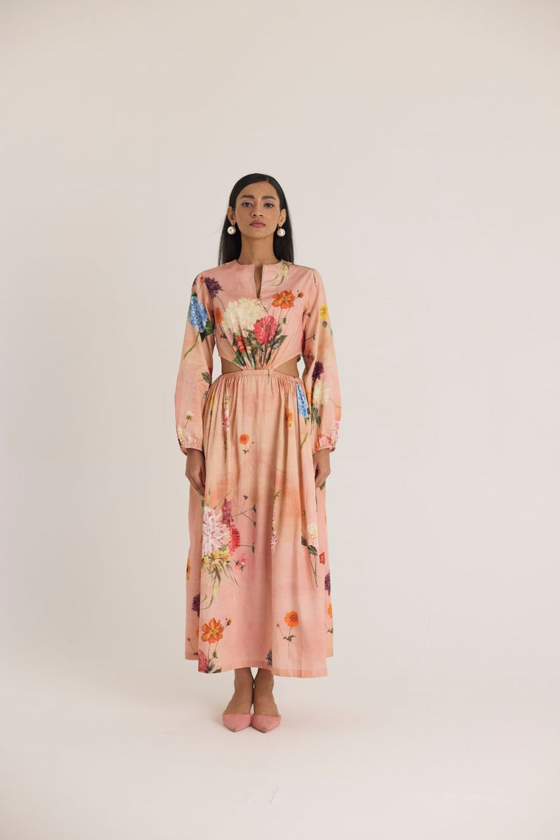 BUTTERCUP BOTH SIDE CUT DRESS satin by Yam in peach color for women Worldwide