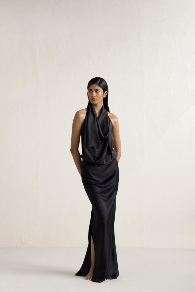 RONGU SKIRT SET silk by Ituvana in black color for women Worldwide