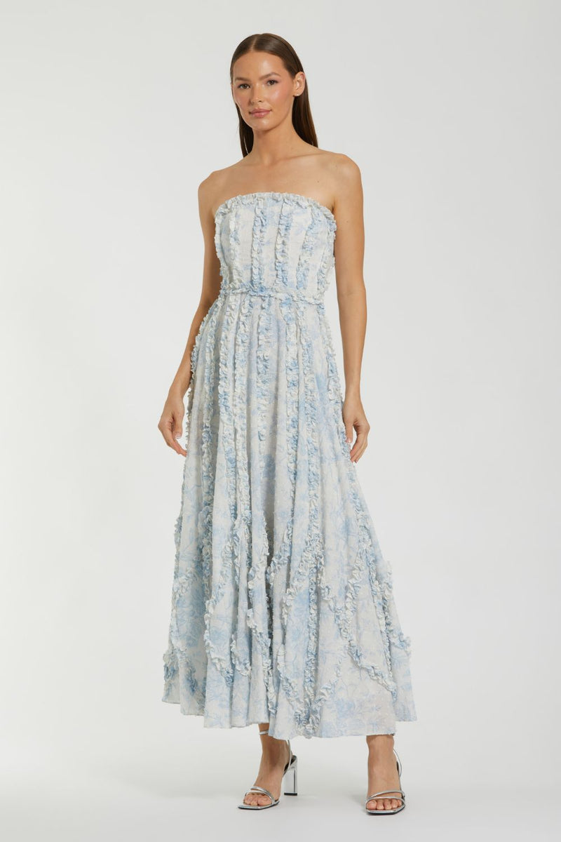 8265-Floral Cotton Ruffle Strapless Gown by Mac Duggal in blue color for women Worldwide