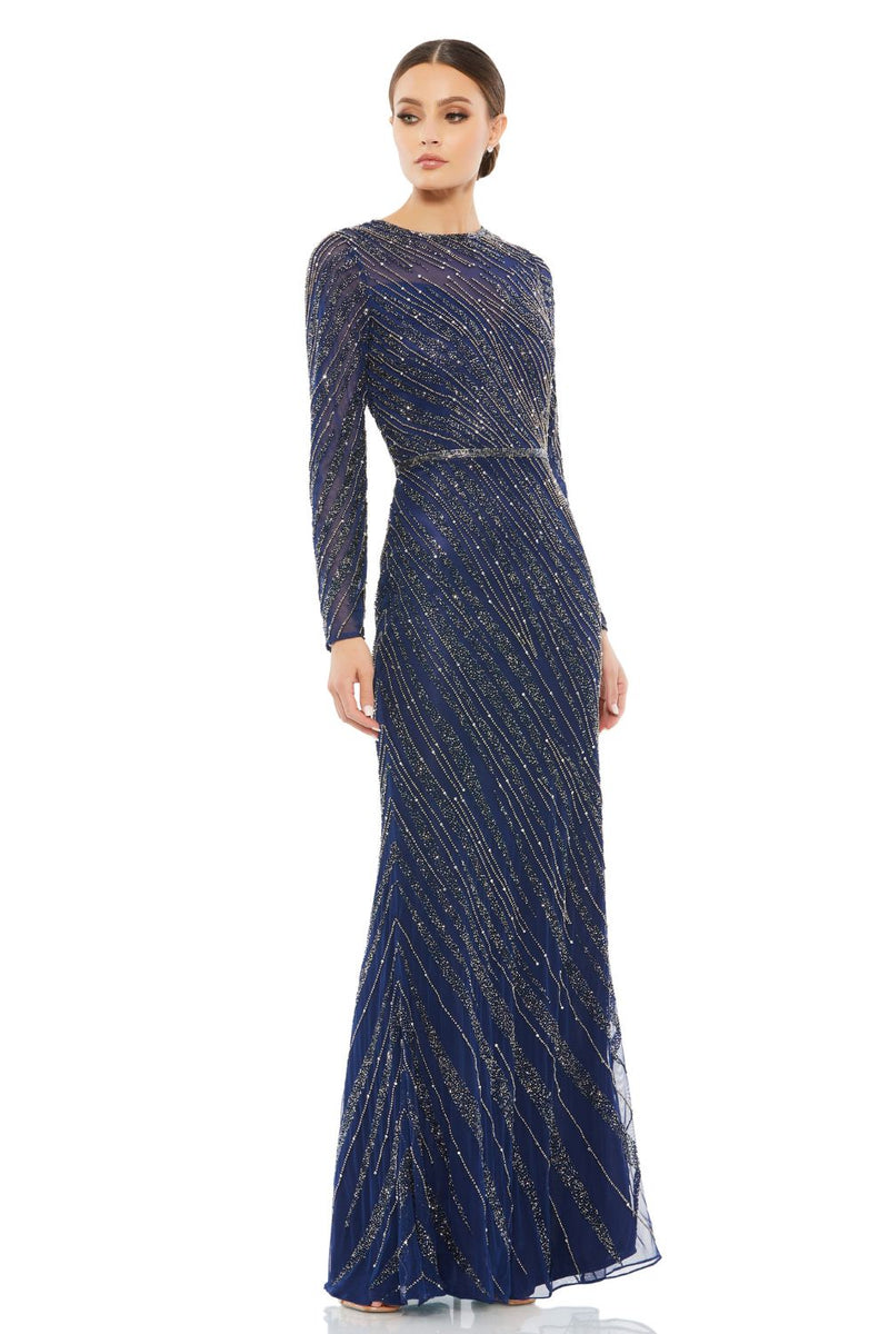 5240-Long Sleeve Beaded Column Gown (midnight) by Mac Duggal for women Worldwide