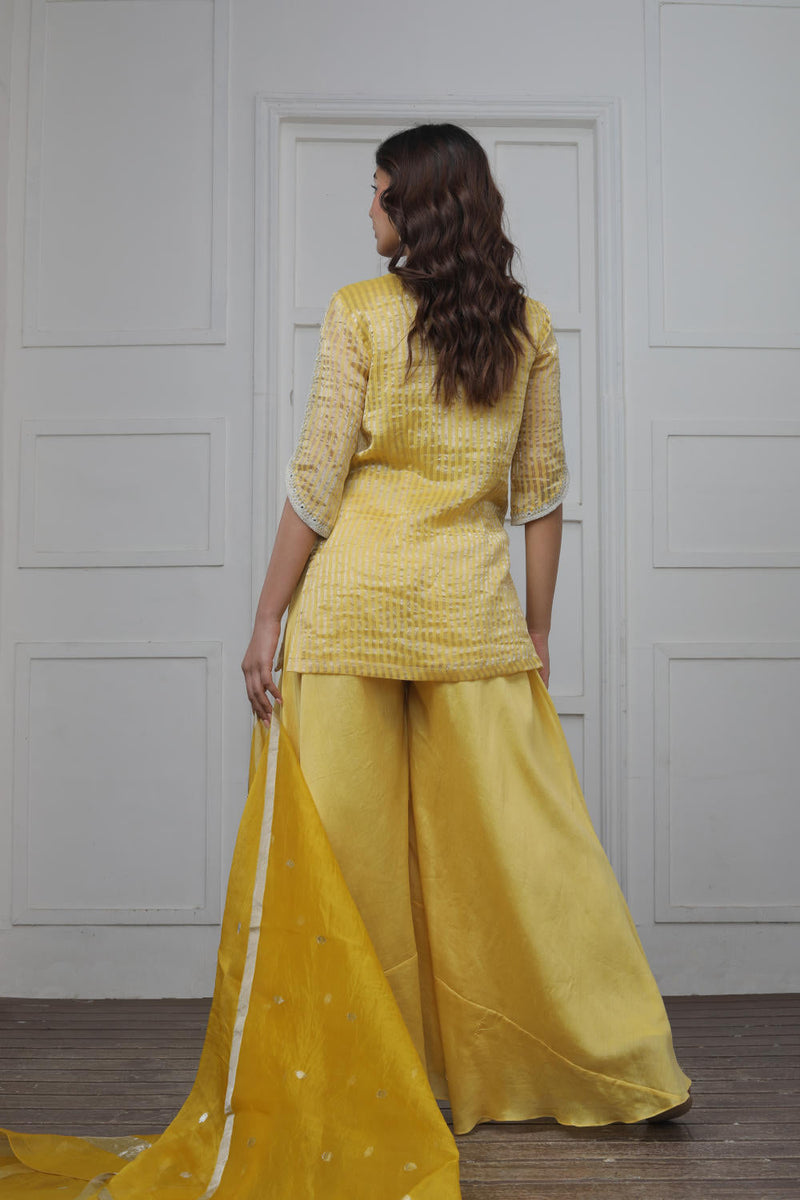 Banarsi Zari Stripe Kathiawadi Embroidered V yoke Kurta with Solid pants and Butti dupatta Kurta Sets by Myoho in yellow color for women Worldwide