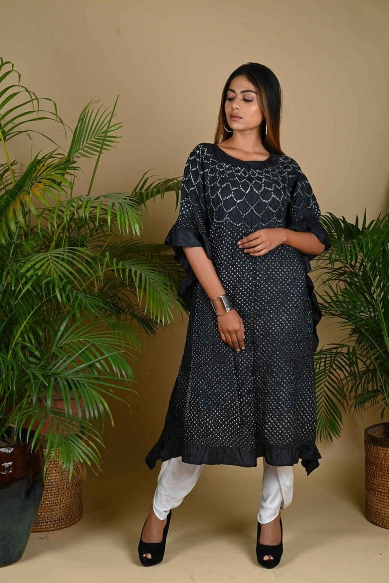 SUNFLOWER KAFTAN-BLACK silk by Dyelogue in black color for women Worldwide