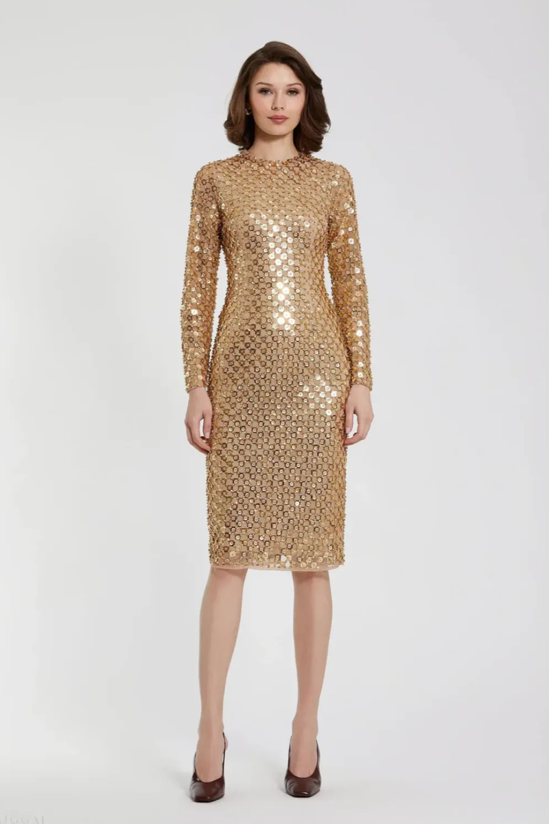 Gold Beaded Georgette Long Sleeve Fitted Midi Dress by Mac Duggal in gold color for women Worldwide