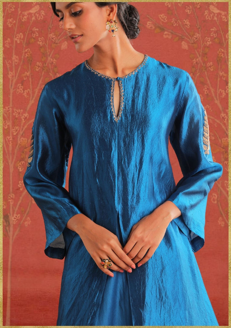 Peacock Blue Kurta Set (MYO-2473- Saundarya) by Myoho in blue color for women Worldwide
