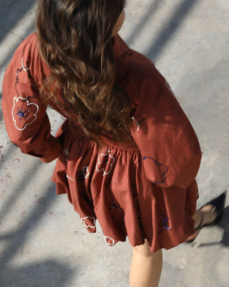 Embroidered bubble hem dress 100% cotton by Leh Studios in brown color for women Worldwide