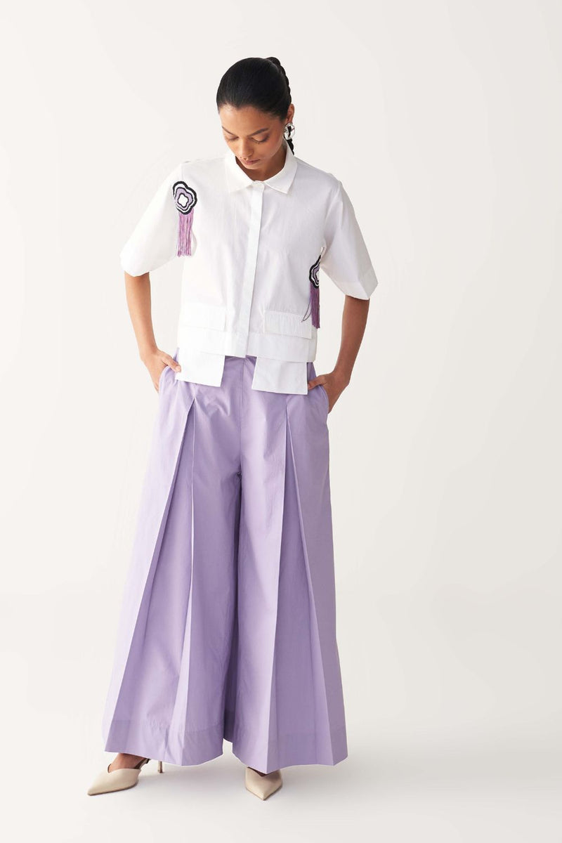 BEADED CROP FRINGE TOP CO-ORD-LAVENDER poplin by THREE for women Worldwide