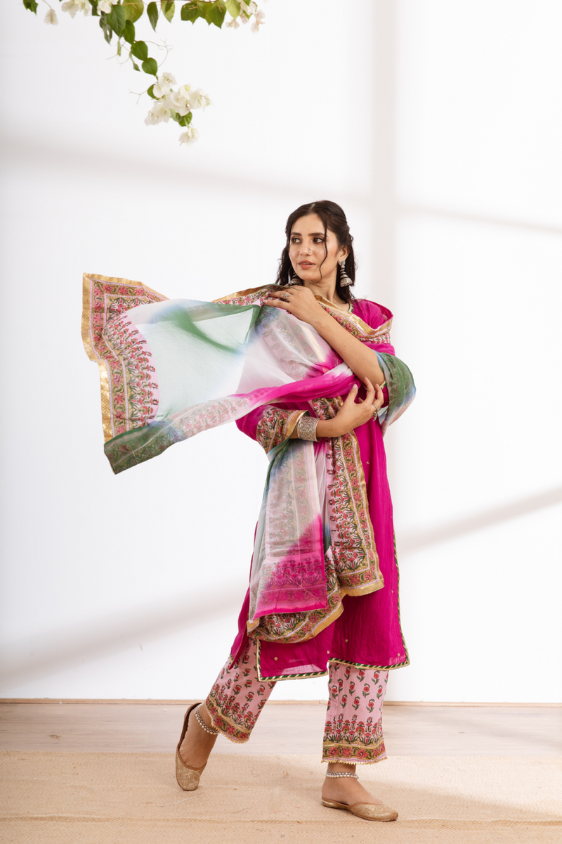 Rasika Gulabi Kurta Set - pink hand block printed chanderi kurta set chanderi by Maison Shefali in pink color for women Worldwide